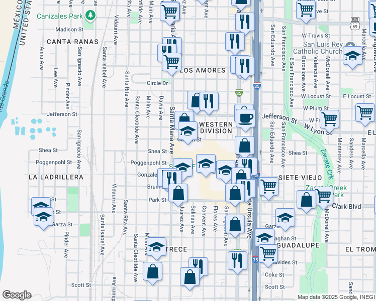 map of restaurants, bars, coffee shops, grocery stores, and more near 1311 Garden Street in Laredo
