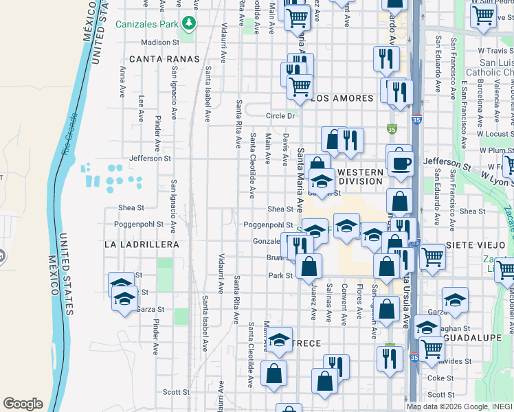 map of restaurants, bars, coffee shops, grocery stores, and more near 2309 Santa Cleotilde Avenue in Laredo