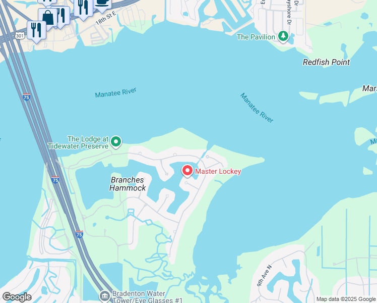 map of restaurants, bars, coffee shops, grocery stores, and more near 5221 Tidewater Preserve Boulevard in Bradenton