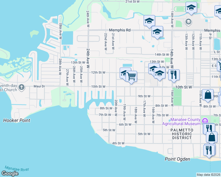 map of restaurants, bars, coffee shops, grocery stores, and more near 908 21st Avenue West in Palmetto