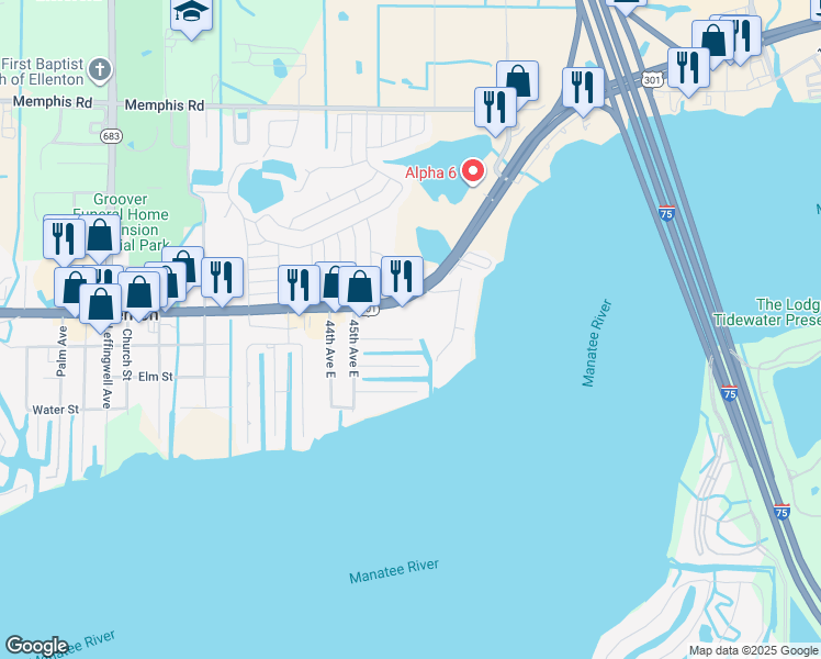 map of restaurants, bars, coffee shops, grocery stores, and more near 4709 9th Street East in Ellenton