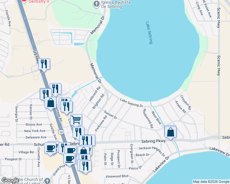 map of restaurants, bars, coffee shops, grocery stores, and more near 1022-1026 Lake Sebring Drive in Sebring