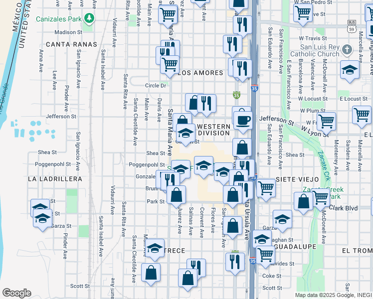map of restaurants, bars, coffee shops, grocery stores, and more near 1311 Garden Street in Laredo