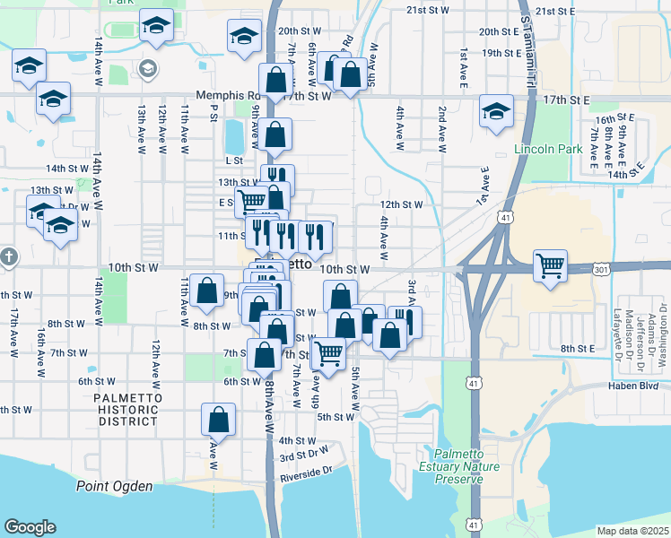 map of restaurants, bars, coffee shops, grocery stores, and more near 503 10th Street West in Palmetto