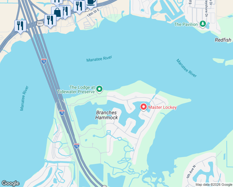 map of restaurants, bars, coffee shops, grocery stores, and more near 5120 Tidewater Preserve Boulevard in Bradenton