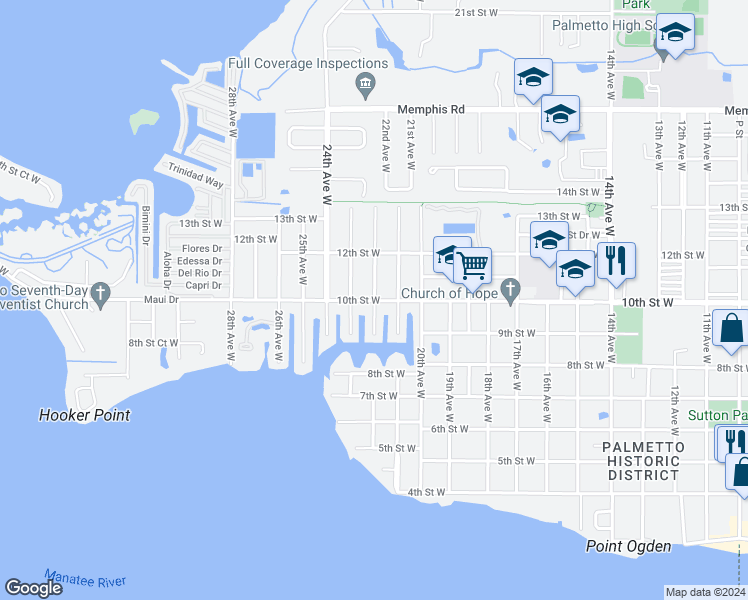 map of restaurants, bars, coffee shops, grocery stores, and more near 1001 22nd Avenue West in Palmetto