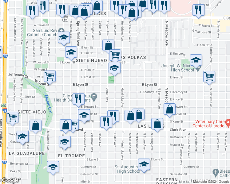 map of restaurants, bars, coffee shops, grocery stores, and more near 2801 Tilden Avenue in Laredo