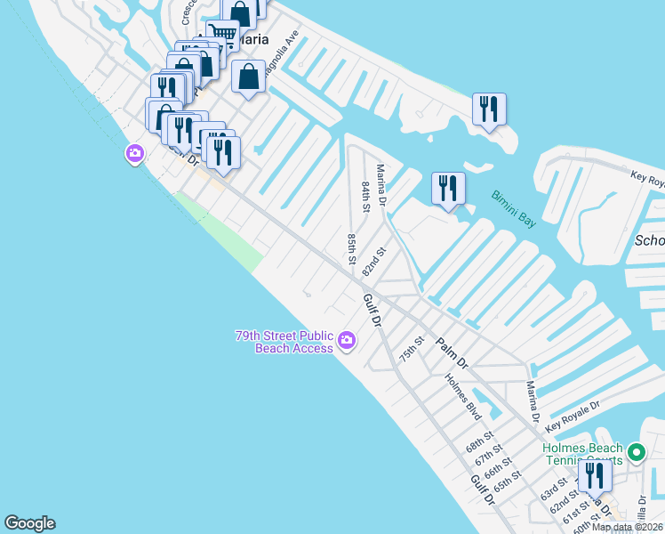 map of restaurants, bars, coffee shops, grocery stores, and more near 210 85th Street in Holmes Beach