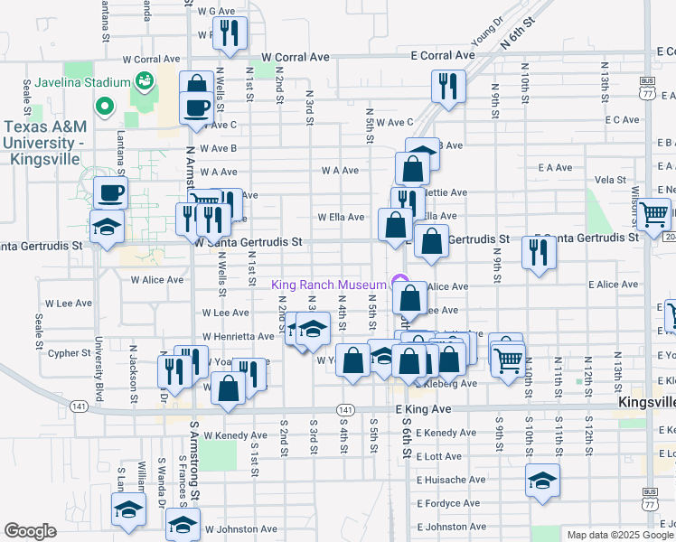 map of restaurants, bars, coffee shops, grocery stores, and more near 232 West Richard Avenue in Kingsville