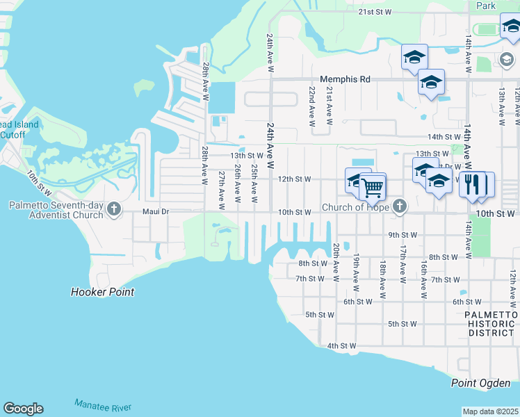 map of restaurants, bars, coffee shops, grocery stores, and more near 2408 10th Street West in Palmetto