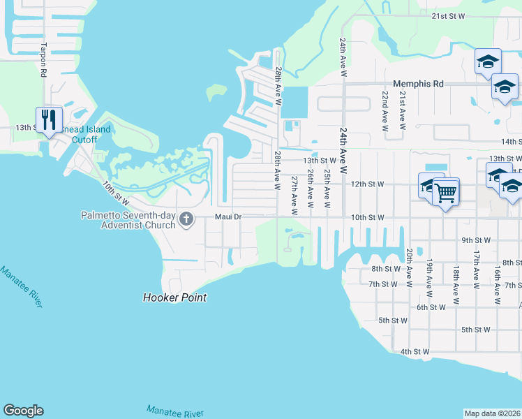 map of restaurants, bars, coffee shops, grocery stores, and more near 121 Capri Drive in Palmetto