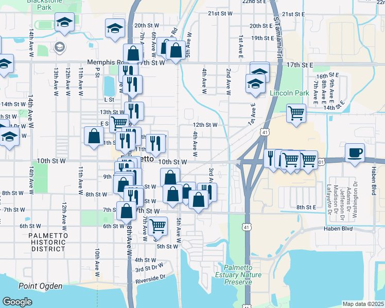 map of restaurants, bars, coffee shops, grocery stores, and more near 337 11th Street West in Palmetto