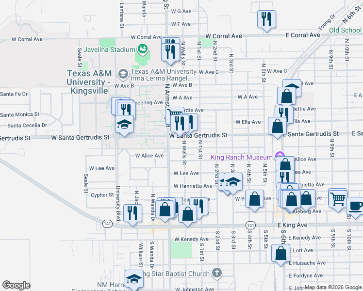 map of restaurants, bars, coffee shops, grocery stores, and more near 704 West Richard Avenue in Kingsville