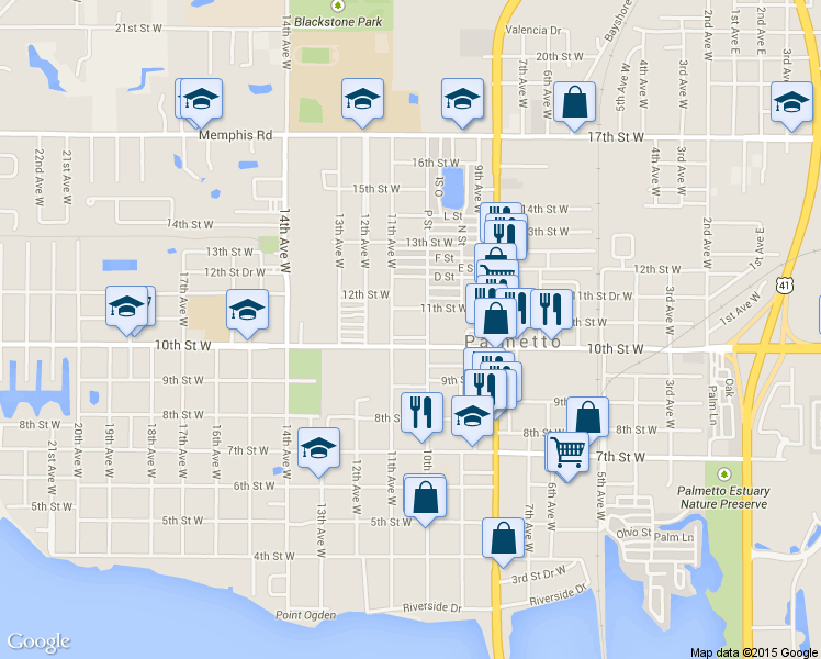 map of restaurants, bars, coffee shops, grocery stores, and more near 1010 10th Street Drive West in Palmetto