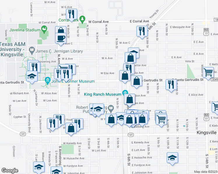 map of restaurants, bars, coffee shops, grocery stores, and more near 232 West Richard Avenue in Kingsville