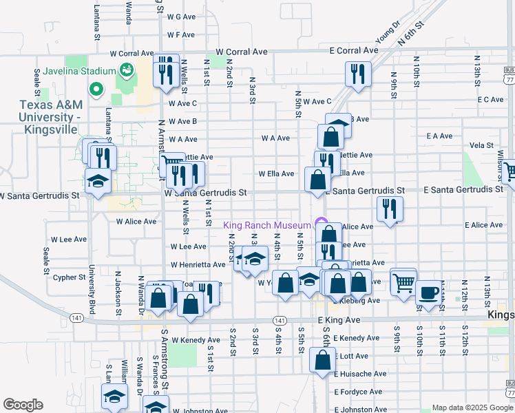 map of restaurants, bars, coffee shops, grocery stores, and more near 330 West Richard Avenue in Kingsville