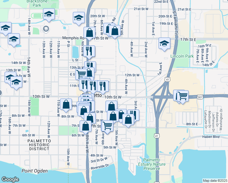 map of restaurants, bars, coffee shops, grocery stores, and more near 501 11th Street West in Palmetto