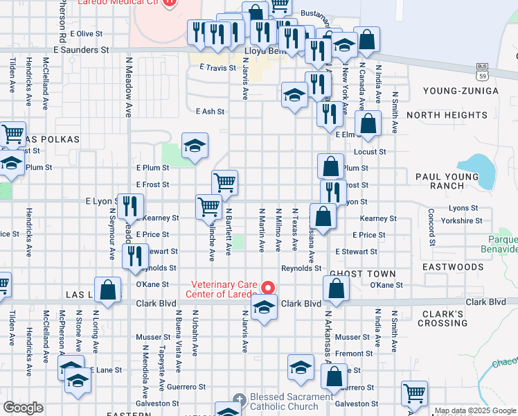 map of restaurants, bars, coffee shops, grocery stores, and more near 2317 East Lyon Street in Laredo