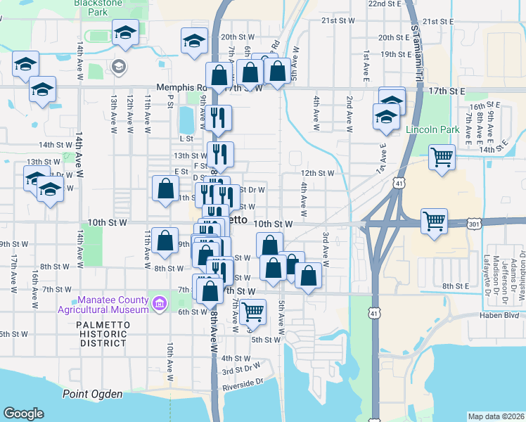 map of restaurants, bars, coffee shops, grocery stores, and more near 517 11th Street West in Palmetto