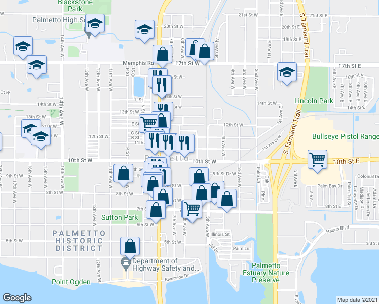 map of restaurants, bars, coffee shops, grocery stores, and more near 517 11th Street West in Palmetto