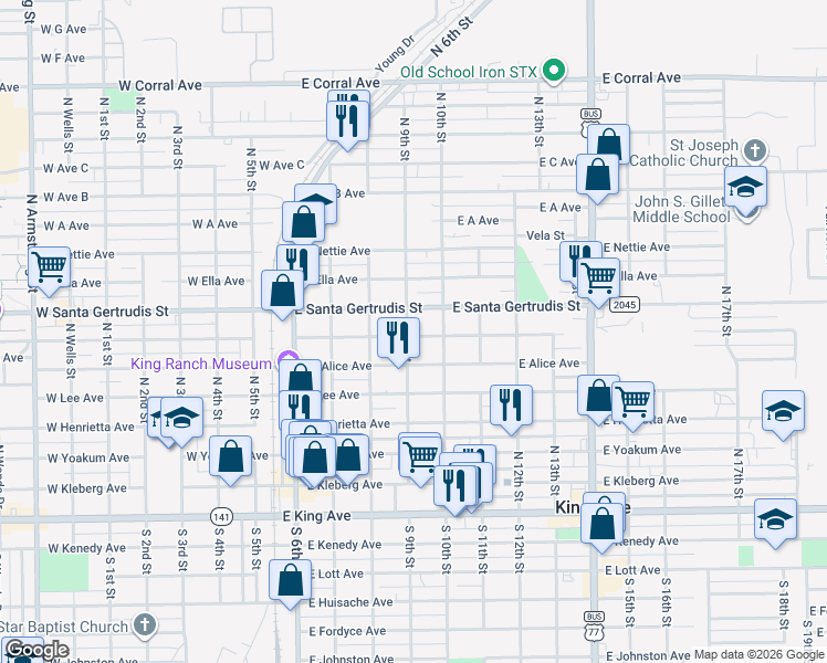 map of restaurants, bars, coffee shops, grocery stores, and more near 502 East Richard Avenue in Kingsville