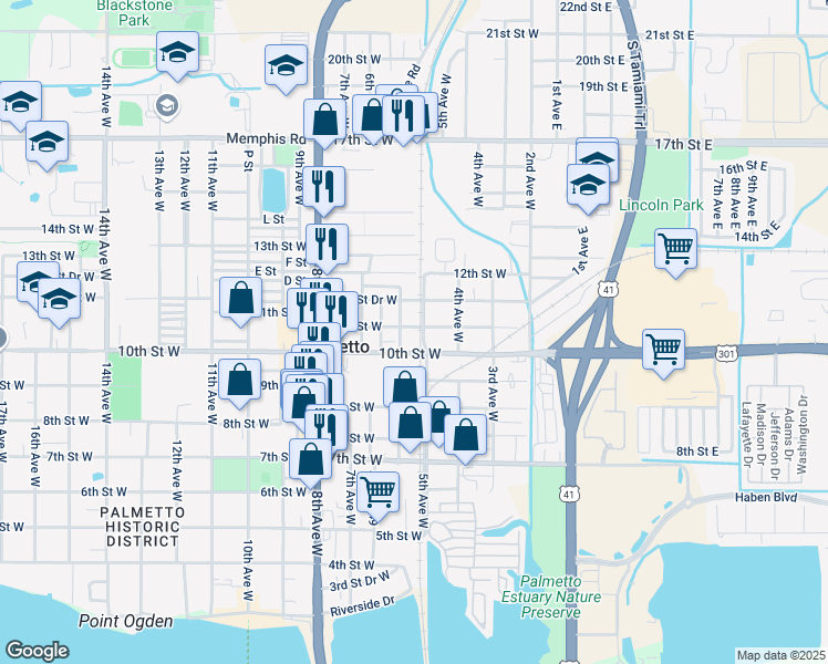 map of restaurants, bars, coffee shops, grocery stores, and more near 501 11th Street West in Palmetto