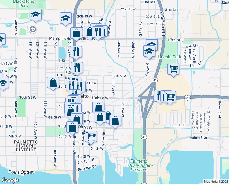 map of restaurants, bars, coffee shops, grocery stores, and more near 337 11th Street West in Palmetto