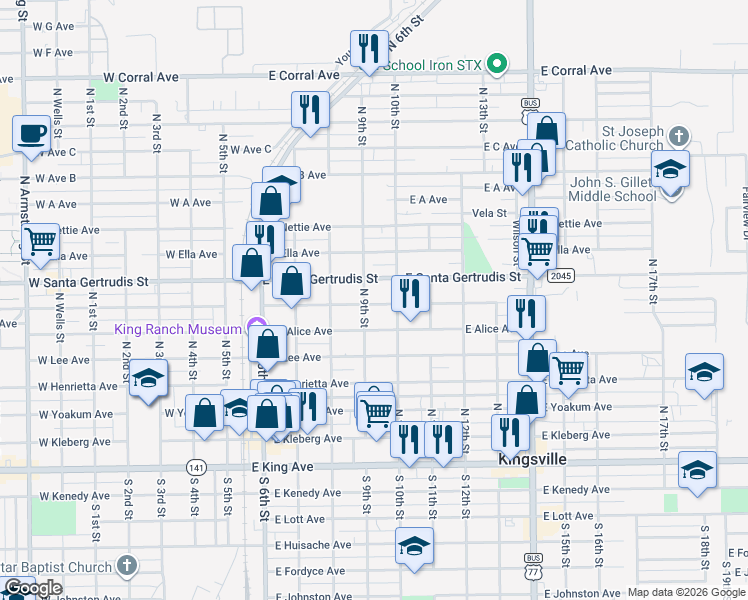 map of restaurants, bars, coffee shops, grocery stores, and more near 502 East Richard Avenue in Kingsville