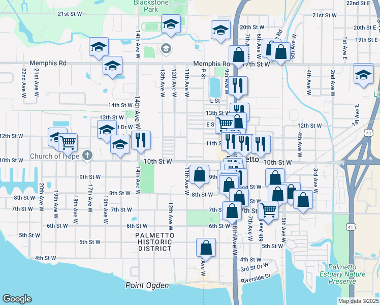 map of restaurants, bars, coffee shops, grocery stores, and more near 1010 10th Street Drive West in Palmetto