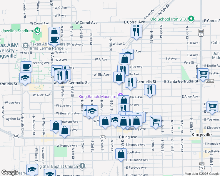 map of restaurants, bars, coffee shops, grocery stores, and more near 204 West Richard Avenue in Kingsville