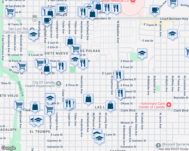 map of restaurants, bars, coffee shops, grocery stores, and more near 2817 McPherson Avenue in Laredo