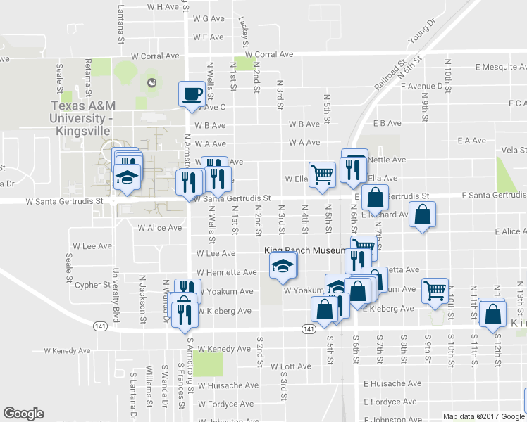 map of restaurants, bars, coffee shops, grocery stores, and more near 430 West Richard Avenue in Kingsville