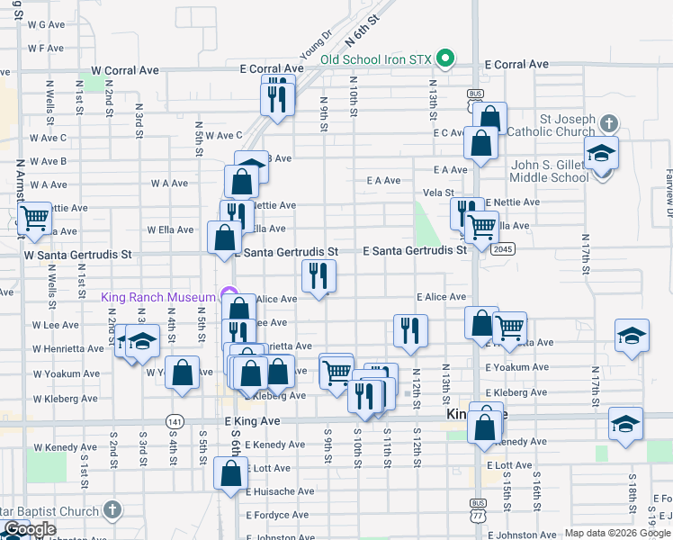 map of restaurants, bars, coffee shops, grocery stores, and more near 502 East Richard Avenue in Kingsville