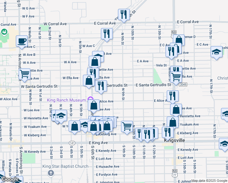 map of restaurants, bars, coffee shops, grocery stores, and more near 402 East Richard Avenue in Kingsville