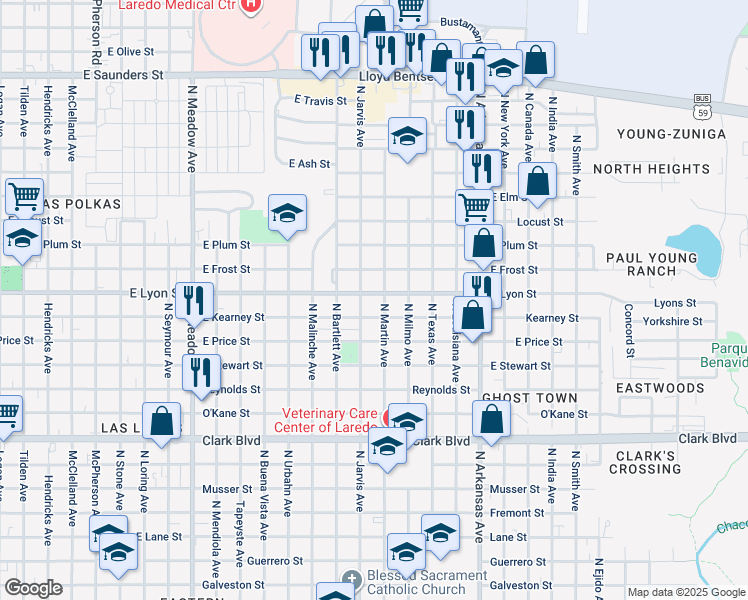 map of restaurants, bars, coffee shops, grocery stores, and more near 2317 East Lyon Street in Laredo