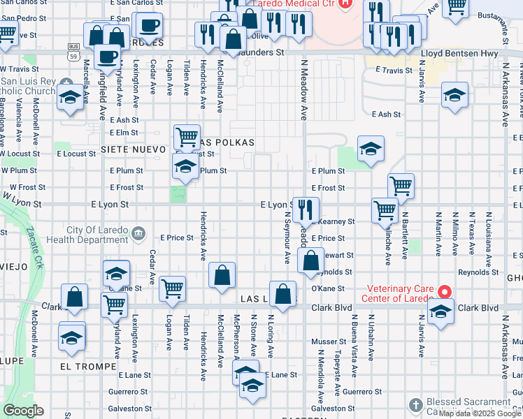 map of restaurants, bars, coffee shops, grocery stores, and more near 1309 East Lyon Street in Laredo
