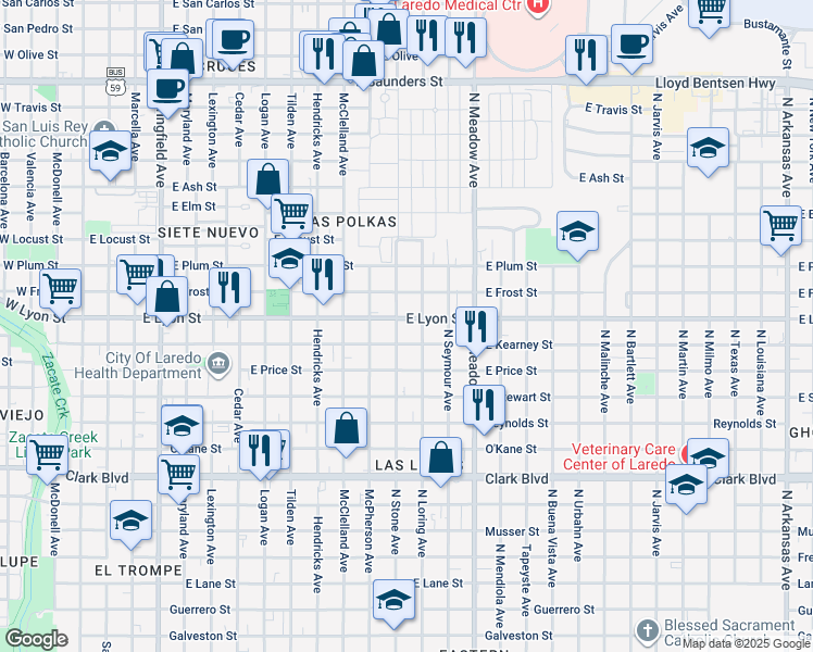 map of restaurants, bars, coffee shops, grocery stores, and more near 1309 East Lyon Street in Laredo