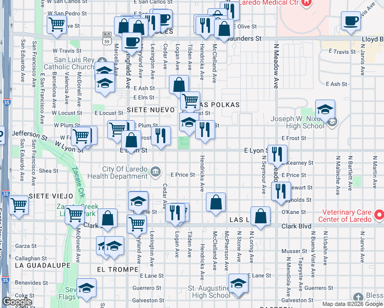 map of restaurants, bars, coffee shops, grocery stores, and more near 901 East Lyon Street in Laredo