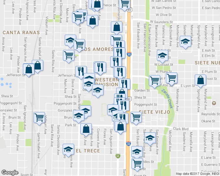 map of restaurants, bars, coffee shops, grocery stores, and more near 2504 San Agustin Avenue in Laredo