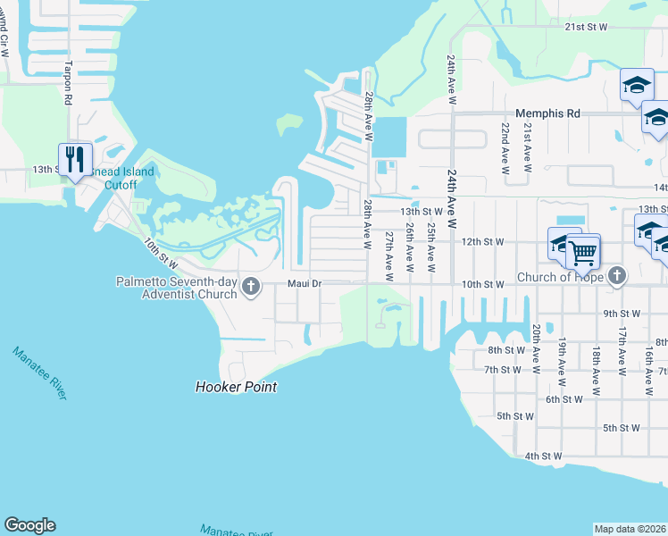 map of restaurants, bars, coffee shops, grocery stores, and more near 121 Capri Drive in Palmetto