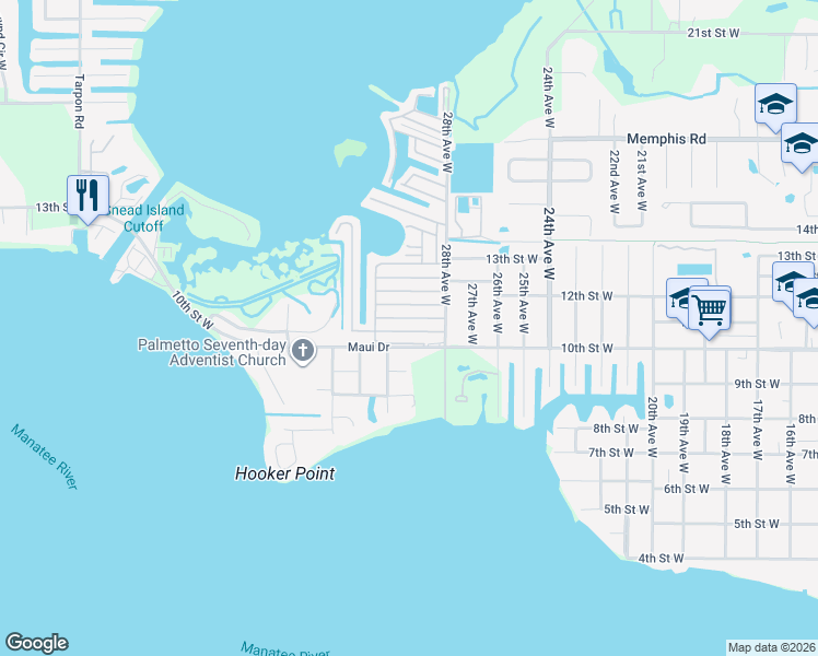 map of restaurants, bars, coffee shops, grocery stores, and more near 121 Capri Drive in Palmetto