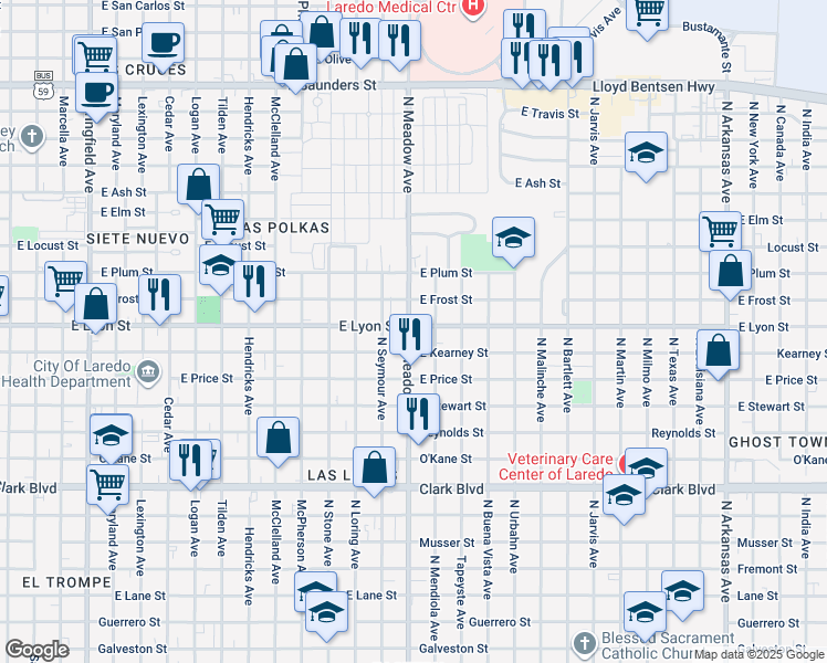 map of restaurants, bars, coffee shops, grocery stores, and more near 1601 East Lyon Street in Laredo