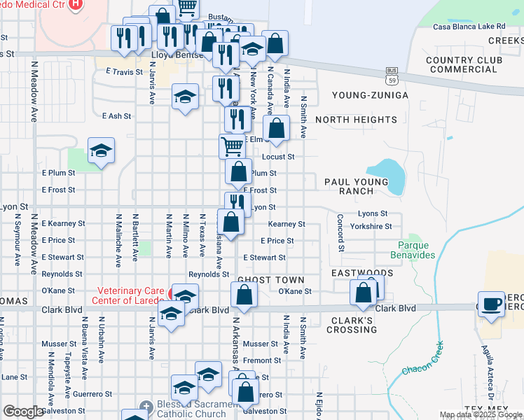 map of restaurants, bars, coffee shops, grocery stores, and more near 2905 East Lyon Street in Laredo