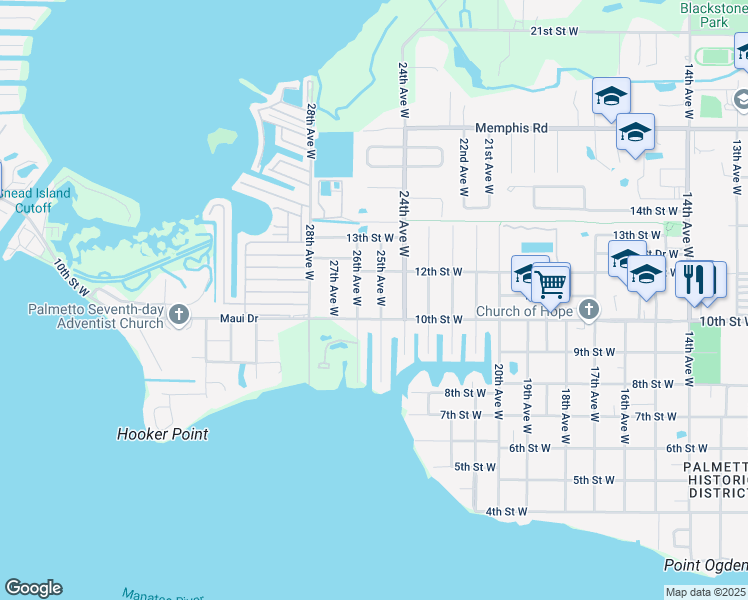 map of restaurants, bars, coffee shops, grocery stores, and more near 1005 25th Avenue West in Palmetto