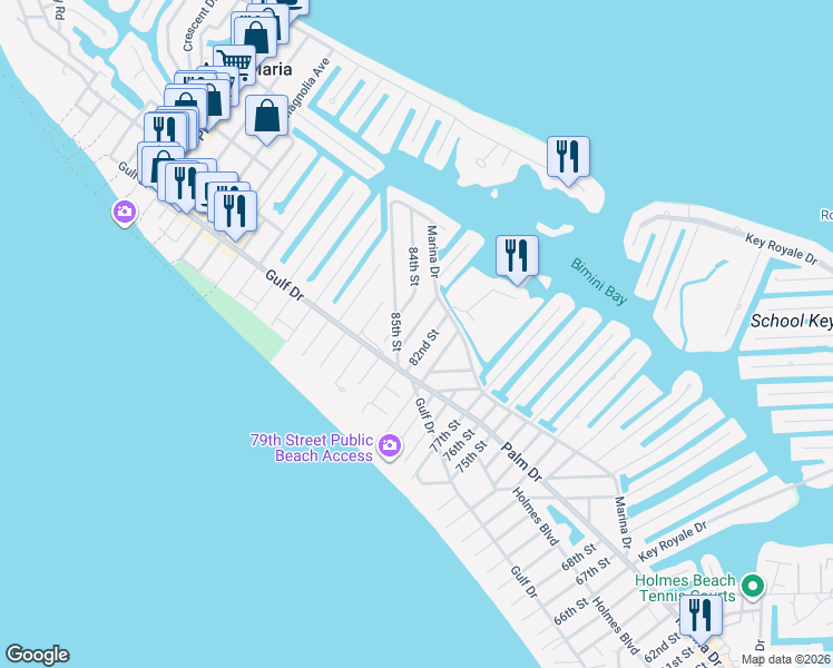 map of restaurants, bars, coffee shops, grocery stores, and more near 214 82nd Street in Holmes Beach