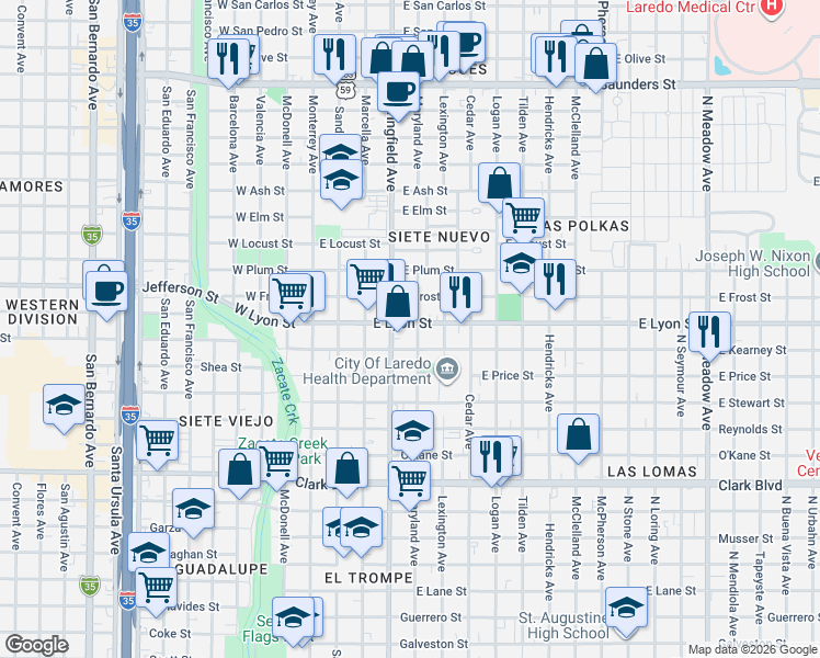 map of restaurants, bars, coffee shops, grocery stores, and more near 2820 Maryland Avenue in Laredo