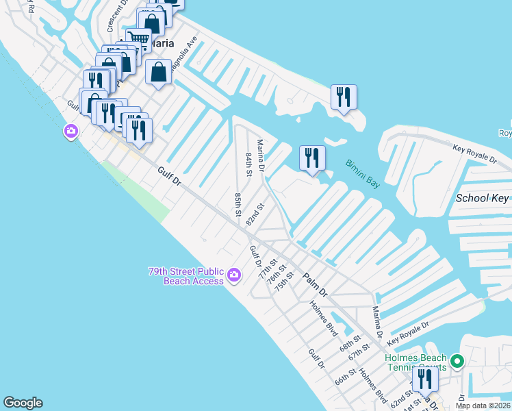 map of restaurants, bars, coffee shops, grocery stores, and more near 214 82nd Street in Holmes Beach