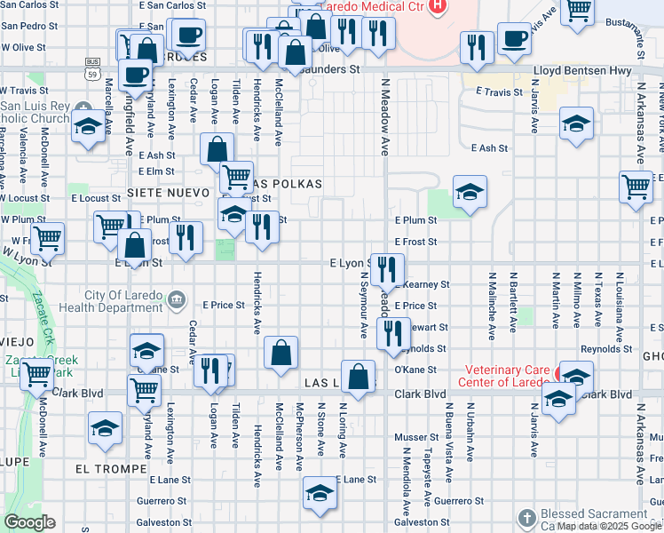 map of restaurants, bars, coffee shops, grocery stores, and more near 1309 East Lyon Street in Laredo