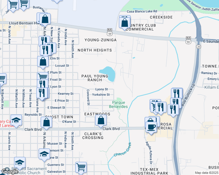 map of restaurants, bars, coffee shops, grocery stores, and more near 3606 East Lyon Street in Laredo
