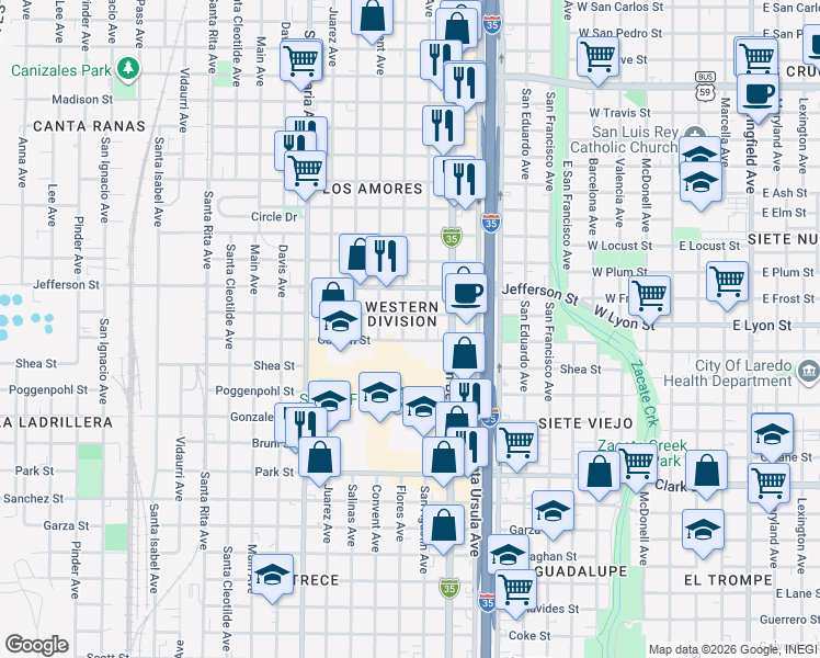 map of restaurants, bars, coffee shops, grocery stores, and more near 2504 San Agustin Avenue in Laredo